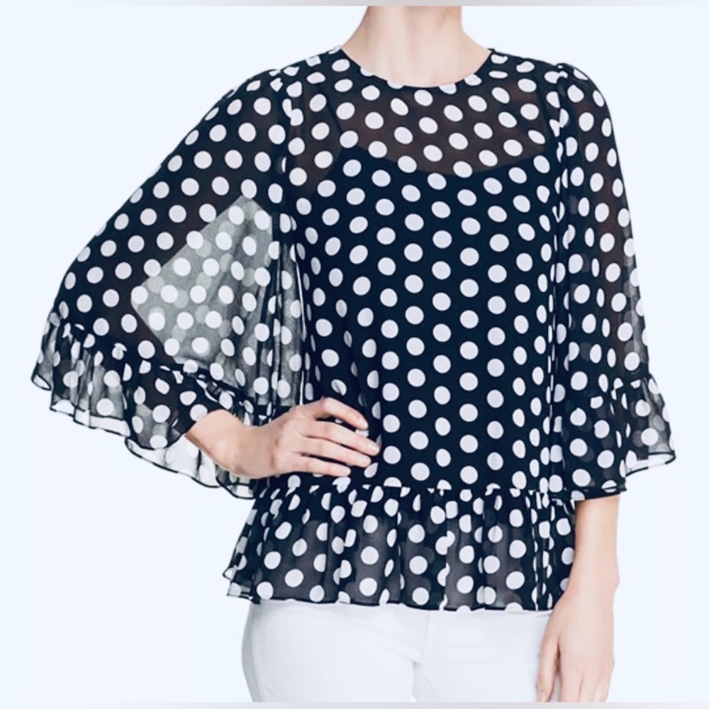 Michael Kors Black and White Polka Dot Ruffle-Hem Sheer Blouse